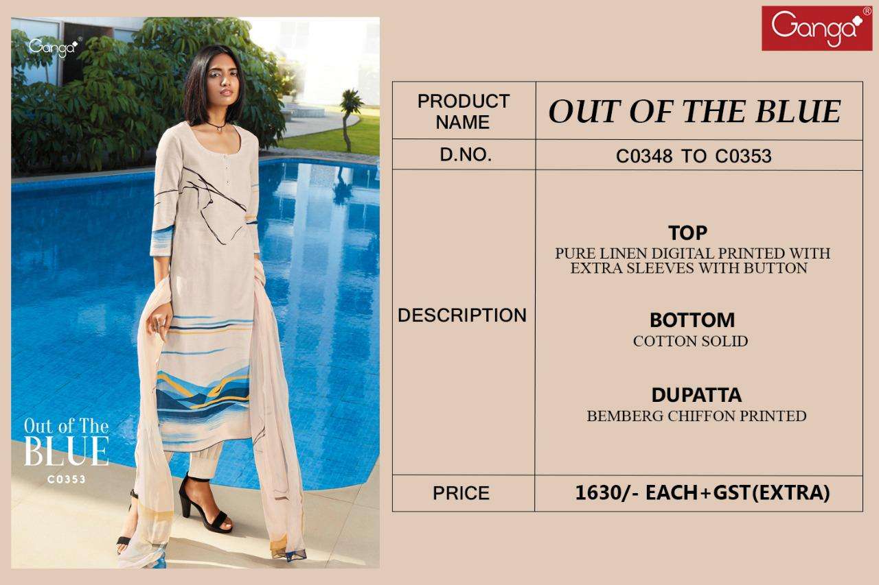 OUT OF THE BLUE BY GANGA FASHION 348 TO 352 SERIES DESIGNER SUITS BEAUTIFUL STYLISH FANCY COLORFUL PARTY WEAR & OCCASIONAL WEAR PURE LINEN DIGITAL PRINT DRESSES AT WHOLESALE PRICE